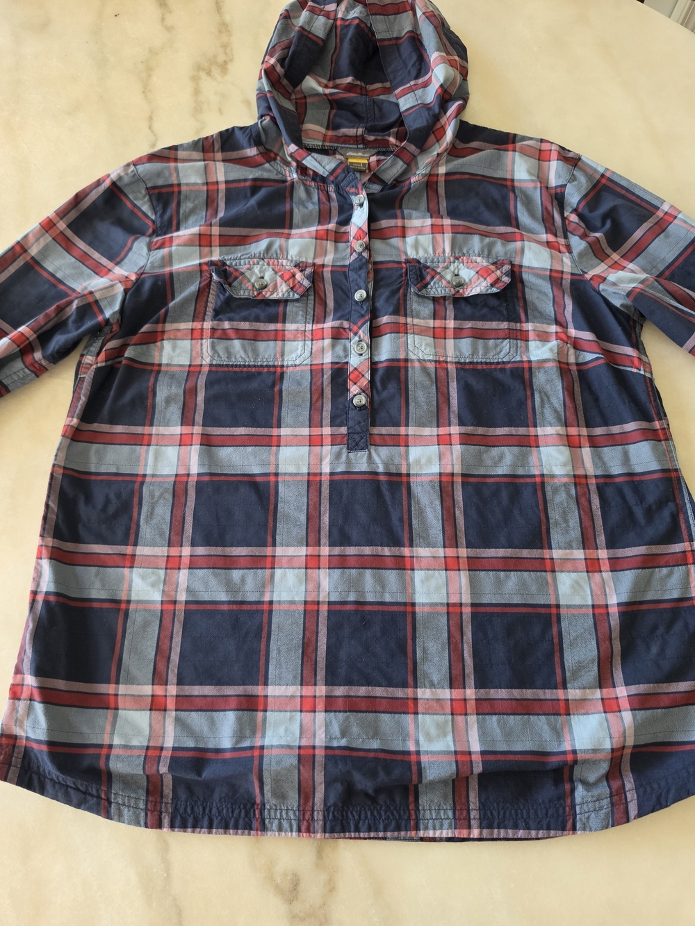 Eddie Bauer Lightweight Plaid Hoodied Long Sleeved Shirt